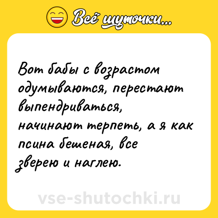 Шутка: Вот бабы с возрастом одумываются, перестают выпендриваться, начинают терпеть, а я как псина бешеная, все зверею и наглею.
