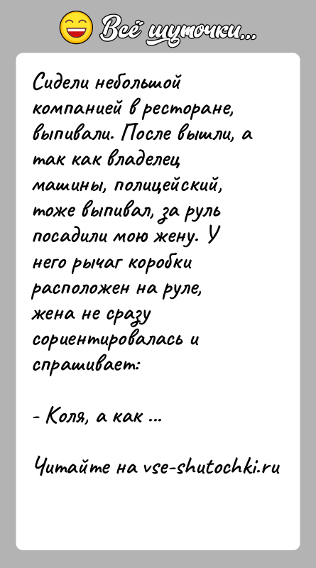 История: Сидели небольшой компанией в ресторане, выпивали. После вышли, а так как владелец машины, полицейский, тоже выпивал, за руль посадили мою