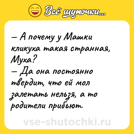 Шутка: — А почему у Машки кликуха такая странная, Муха?<br>— Да она постоянно твердит, что ей мол залетать нельзя, а то родители прибьют.