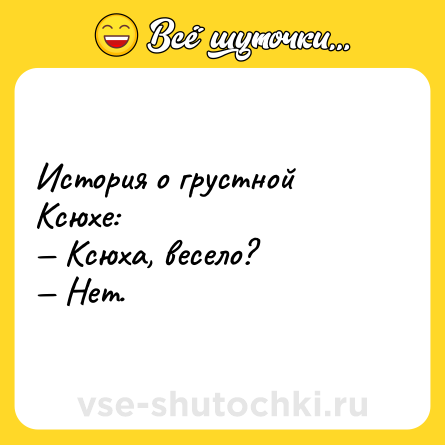 Шутка: История о грустной Ксюхе:<br>— Ксюха, весело?<br>— Нет.