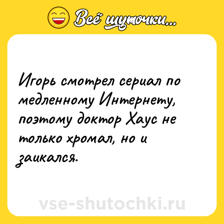 Шутка: Игорь смотрел сериал по медленному Интернету, поэтому доктор Хаус не только хромал, но и заикался.