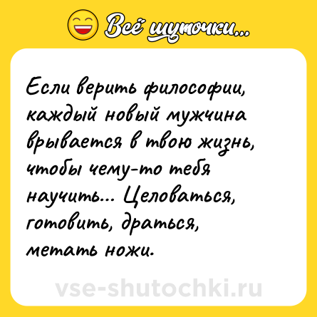 Шутка: Если верить философии, каждый новый мужчина врывается в твою жизнь, чтoбы чему-то тeбя научить… Целоваться, готовить, драться, метать ножи.