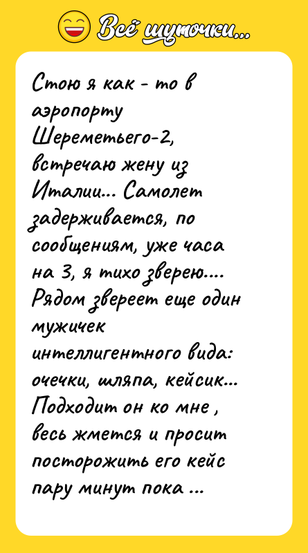 Стою я как - то в аэропорту Шереметьего-2, встречаю жену