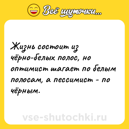 Шутка: Жизнь состоит из чёрно-белых полос, но оптимист шагает по белым полосам, а пессимист - по чёрным.