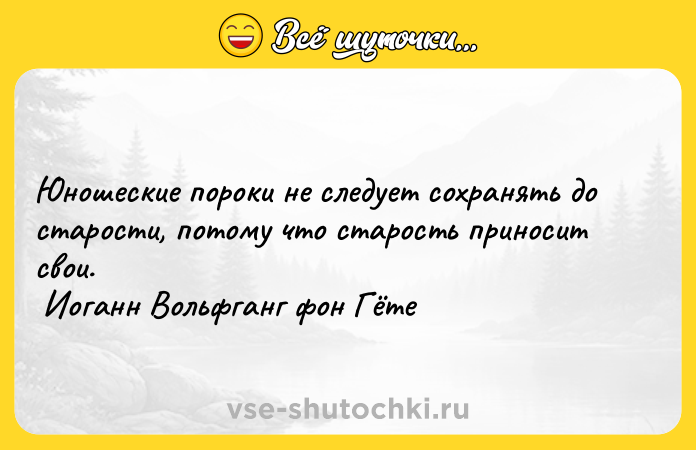 Цитата: Юношеские пороки не следует сохранять до старости, потому что старость приносит свои. Иоганн Вольфганг фон Гёте