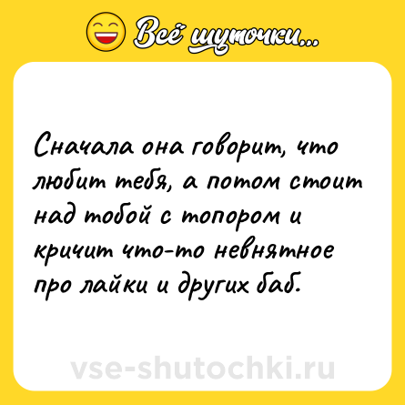 Шутка: Сначала она говорит, что любит тебя, а потом стоит над тобой с топором и кричит что-то невнятное про лайки и других баб.