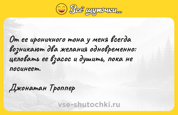Цитата: От ее ироничного тона у меня всегда возникают два желания одновременно: целовать ее взасос и душить, пока не посинеет.Джонатан Троппер