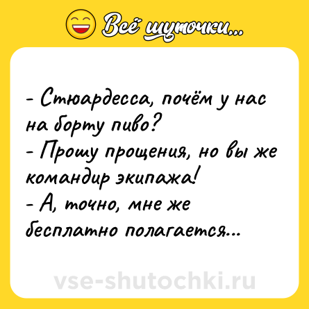 Шутка: - Стюардесса, почём у нас на борту пиво?<br>- Прошу прощения, но вы же командир экипажа!<br>- А, точно, мне же бесплатно полагается...