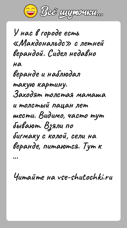 История: У нас в городе есть Макдональдс с летней верандой. Сидел недавно наверанде и наблюдал такую картину.Заходят толстая мамаша и толстый