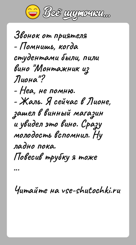История: Звонок от приятеля- Помнишь, когда студентами были, пили вино Монтажник из Лиона ?- Неа, не помню.- Жаль. Я сейчас в Лионе,