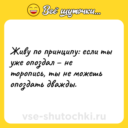 Шутка: Живу по принципу: если ты уже опоздал – не торопись, ты не можешь опоздать дважды.