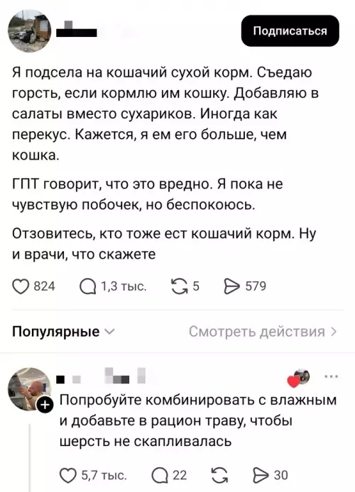 Кошачий корм — новый суперфуд? 🐈‍⬛😂 - Я подсела на кошачий сухой корм. Съедаю горсть, если кормлю