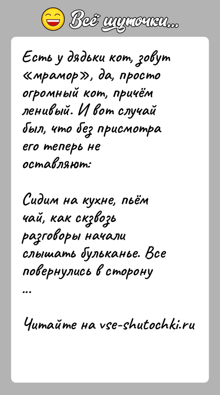 История: Есть у дядьки кот, зовут мрамор , да, просто огромный кот, причём ленивый. И вот случай был, что без присмотра его