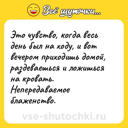 Шутка: Это чувство, когда весь день был на ходу, и вот вечером приходишь домой, раздеваешься и ложишься на кровать. Непередаваемое блаженство.