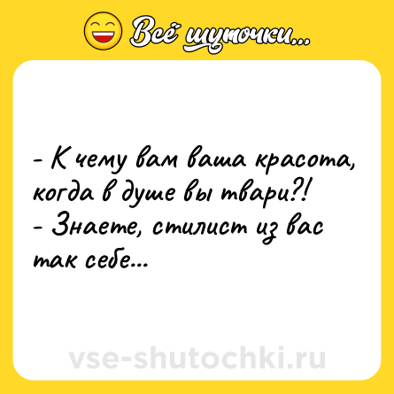 Шутка: - К чему вам ваша красота, когда в душе вы твари?! <br>- Знаете, стилист из вас так себе...