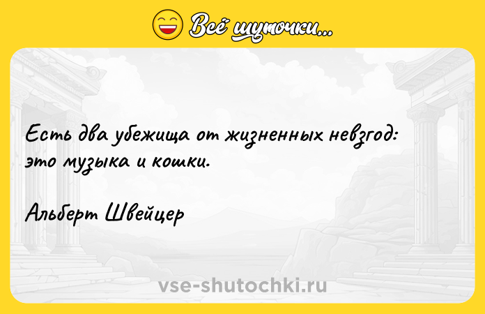 Цитата: Есть два убежища от жизненных невзгод: это музыка и кошки.Альберт Швейцер