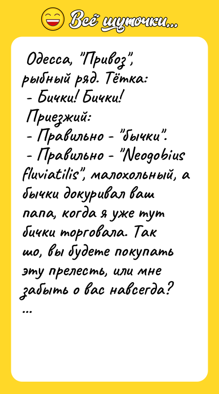  Одесса, "Привоз", рыбный ряд. Тётка:   - Бички!