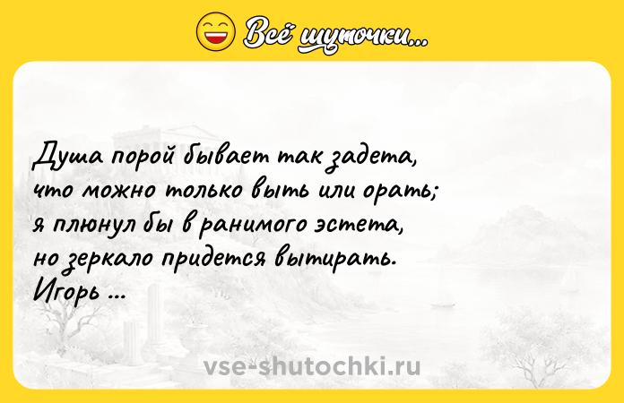 Цитата: Душа порой бывает так задета, что можно только выть или орать я плюнул бы в ранимого эстета, но зеркало придется вытирать. Игорь Губерман