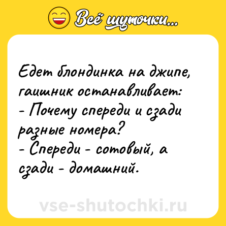 Шутка: Едет блондинка на джипе, гаишник останавливает:<br>- Почему спереди и сзади разные номера?<br>- Спереди - сотовый, а сзади - домашний.