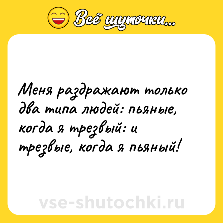 Шутка: Меня раздражают только два типа людей: пьяные, когда я трезвый: и трезвые, когда я пьяный!