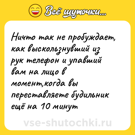 Шутка: Ничто так не пробуждает, как выскользнувший из рук телефон и упавший вам на лицо в  момент,когда вы переставляете будильник ещё на 10 минут