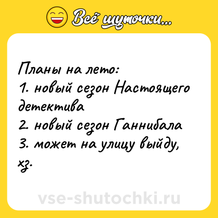 Шутка: Планы на лето:<br>1. новый сезон Настоящего детектива<br>2. новый сезон Ганнибала<br>3. может на улицу выйду, хз.