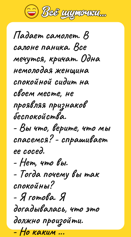 Падает самолет. В салоне паника. Все мечутся, кричат. Одна немолодая