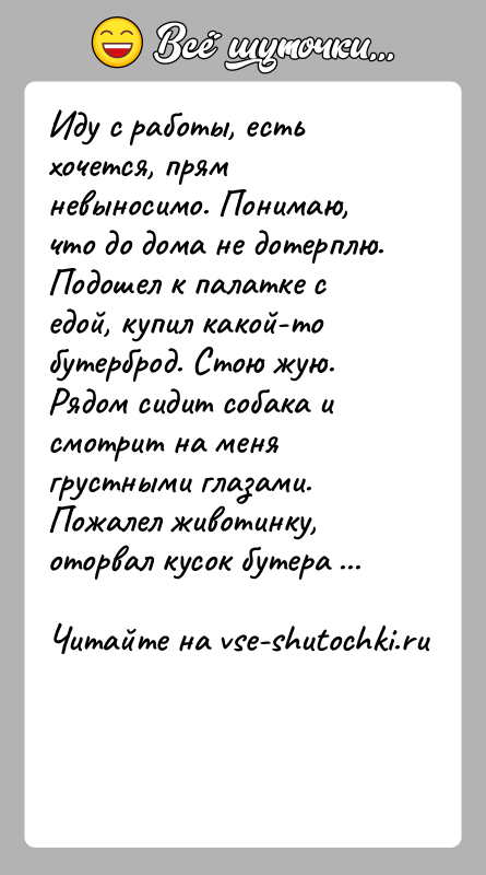 История: Иду с работы, есть хочется, прям невыносимо. Понимаю, что до дома не дотерплю. Подошел к палатке с едой, купил какой-то