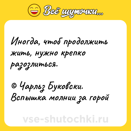 Шутка: Иногда, чтоб продолжить жить, нужно крепко разозлиться. <br><br>© Чарльз Буковски. Вспышка молнии за горой