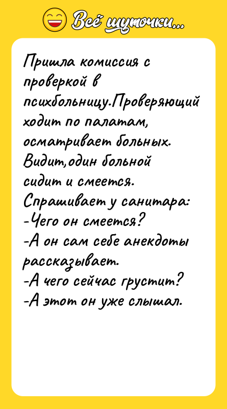 Пришла комиссия с проверкой в психбольницу.Проверяющий ходит по палатам, осматривает