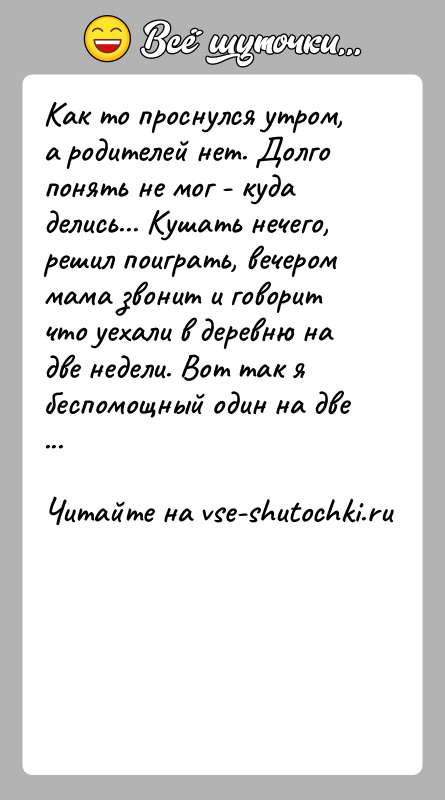 История: Как то проснулся утром, а родителей нет. Долго понять не мог - куда делись... Кушать нечего, решил поиграть, вечером мама