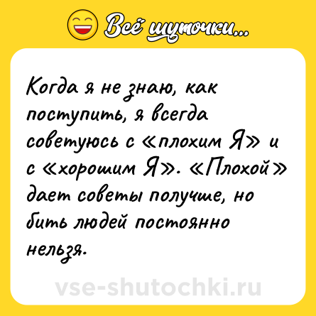 Шутка: Когда я не знаю, как поступить, я всегда советуюсь с «плохим Я» и с «хорошим Я». «Плохой» дает советы получше, но бить людей постоянно нельзя.
