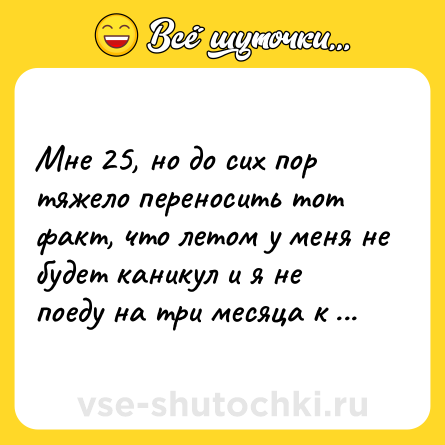 Шутка: Мне 25, но до сих пор тяжело переносить тот факт, что летом у меня не будет каникул и я не поеду на три месяца к бабушке в деревню. Эх, время..