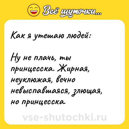 Шутка: Как я утешаю людей:<br><br>Ну не плачь, ты принцесска. Жирная, неуклюжая, вечно невыспавшаяся, злющая, но принцесска.