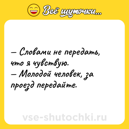 Шутка: — Словами не передать, что я чувствую. <br>— Молодой человек, за проезд передайте.