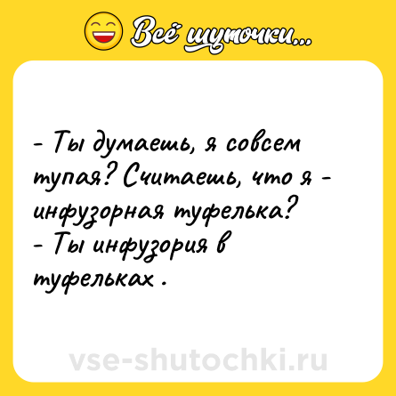 Шутка: - Ты думаешь, я совсем тупая? Считаешь, что я - инфузорная туфелька?<br>- Ты инфузория в туфельках .