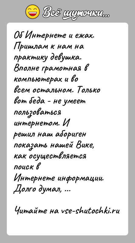 История: Об Интернете и ежах.Пришлам к нам на практику девушка. Вполне грамотная в компьютерах и вовсем остальном. Только вот беда -