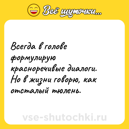 Шутка: Всегда в голове формулирую красноречивые диалоги. <br>Но в жизни говорю, как отсталый тюлень.
