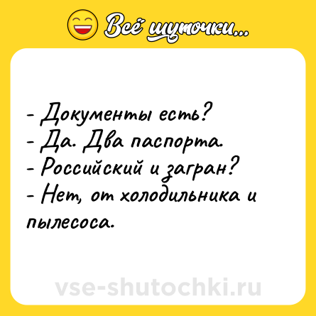 Шутка: - Документы есть?<br>- Да. Два паспорта.<br>- Российский и загран?<br>- Нет, от холодильника и пылесоса.