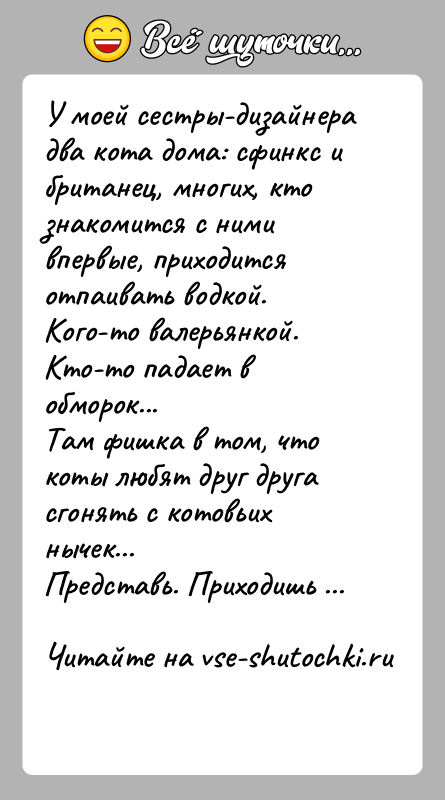 История: У моей сестры-дизайнера два кота дома: сфинкс и британец, многих, кто знакомится с ними впервые, приходится отпаивать водкой. Кого-то валерьянкой.