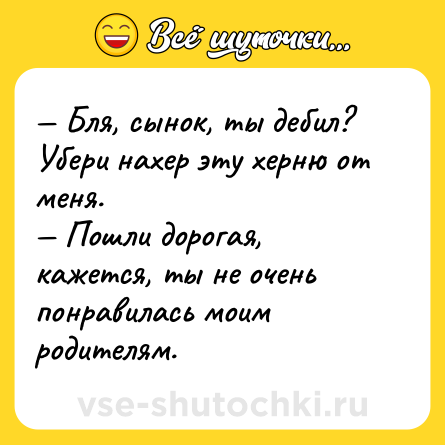 Шутка: — Бля, сынок, ты дебил? Убери нахер эту херню от меня.<br>— Пошли дорогая, кажется, ты не очень понравилась моим родителям.