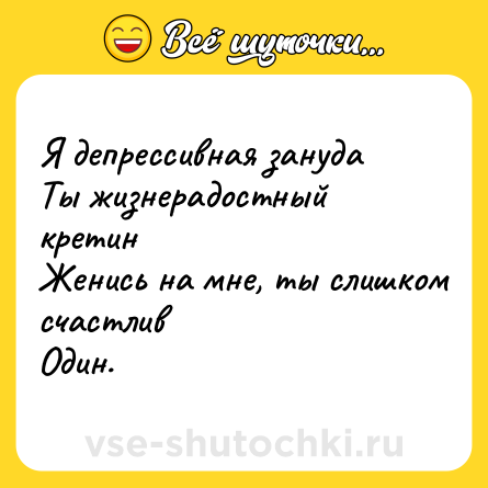 Шутка: Я депрессивная зануда<br>Ты жизнерадостный кретин<br>Женись на мне, ты слишком счастлив<br>Один.