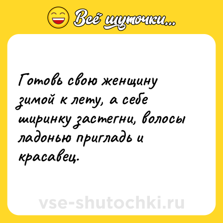 Шутка: Готовь свою женщину зимой к лету, а себе ширинку застегни, волосы ладонью пригладь и красавец.
