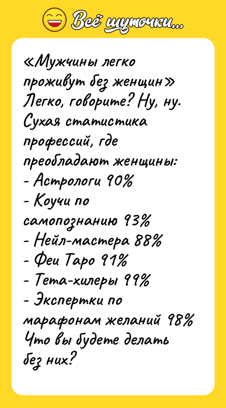 Шутка: Мужчины легко проживут без женщин Легко, говорите? Ну, ну.Сухая статистика профессий, где преобладают женщины:- Астрологи 90 - Коучи по самопознанию 93 - Нейл-мастера 88 - Феи Таро 91 - Тета-хилеры 99 - Экспертки по марафонам желаний 98 Что вы будете делать без них?