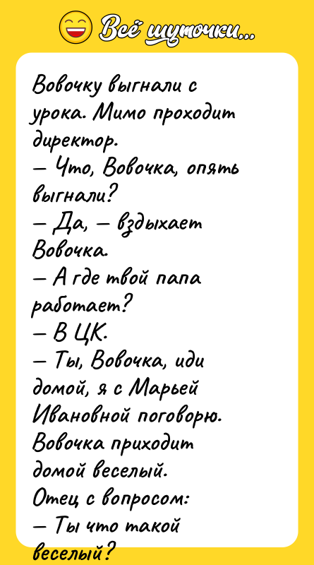 Вовочку выгнали с урока. Мимо проходит директор. — Что, Вовочка,