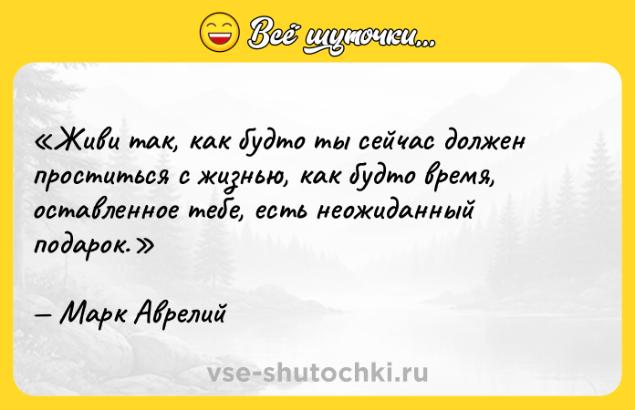 Цитата: Живи так, как будто ты сейчас должен проститься с жизнью, как будто время, оставленное тебе, есть неожиданный подарок. Марк Аврелий