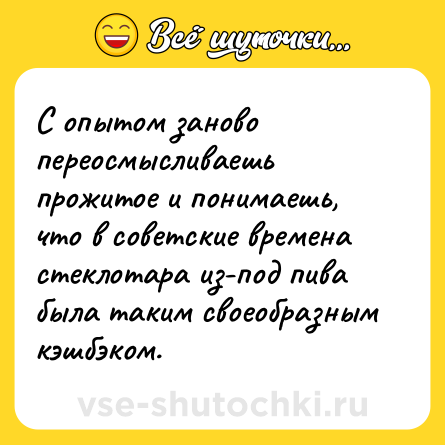 Шутка: С опытом заново переосмысливаешь прожитое и понимаешь, что в советские времена стеклотара из-под пива была таким своеобразным кэшбэком.