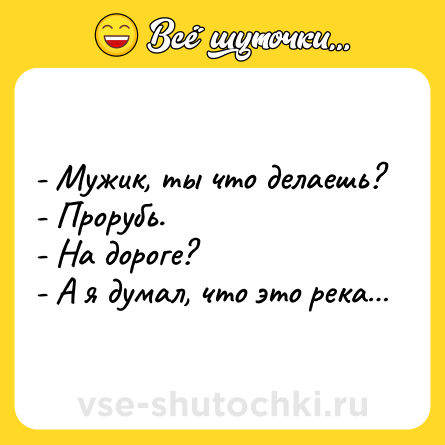 Шутка: - Мужик, ты что делаешь? <br>- Прорубь. <br>- На дороге? <br>- А я думал, что это река…