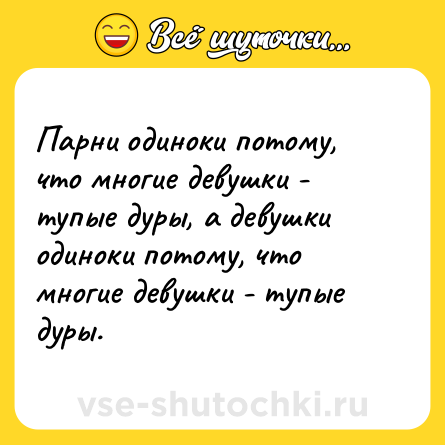 Шутка: Парни одиноки потому, что многие девушки - тупые дуры, а девушки одиноки потому, что многие девушки - тупые дуры.