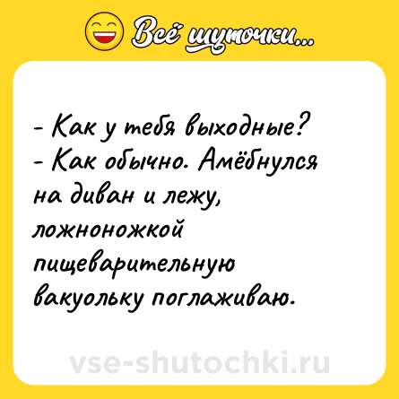 Шутка: - Как у тебя выходные?<br>- Как обычно. Амёбнулся на диван и лежу, ложноножкой пищеварительную вакуольку поглаживаю.